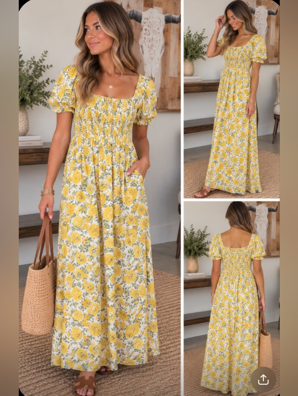 Sunny Yellow Floral Smocked Maxi Dress with Puff Sleeves